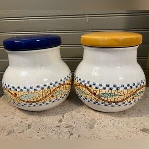 Decorative Mosaic Ceramic Jars Canisters with Blue & Yellow Lids Vintage